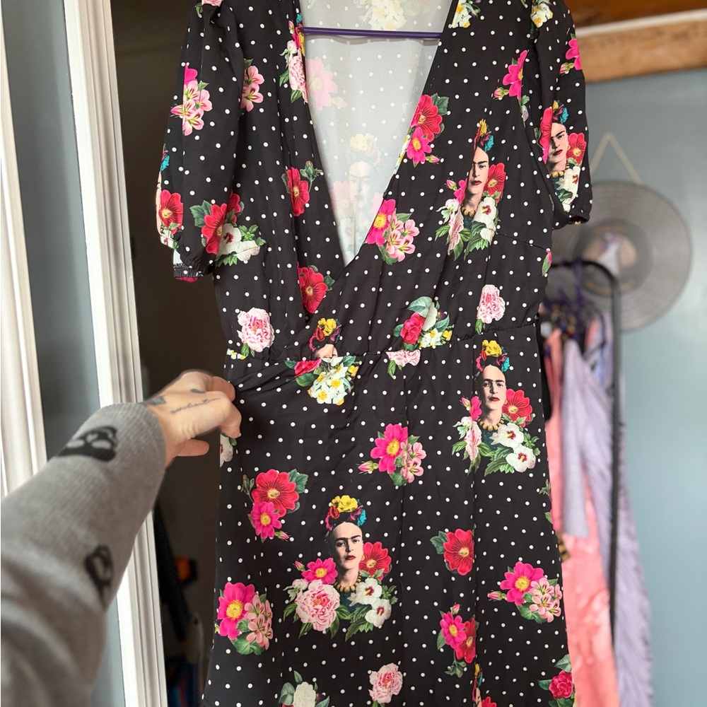 Black Polka Dot Floral Wrap Dress with Pink Accents SHEIN x Frida Khalo